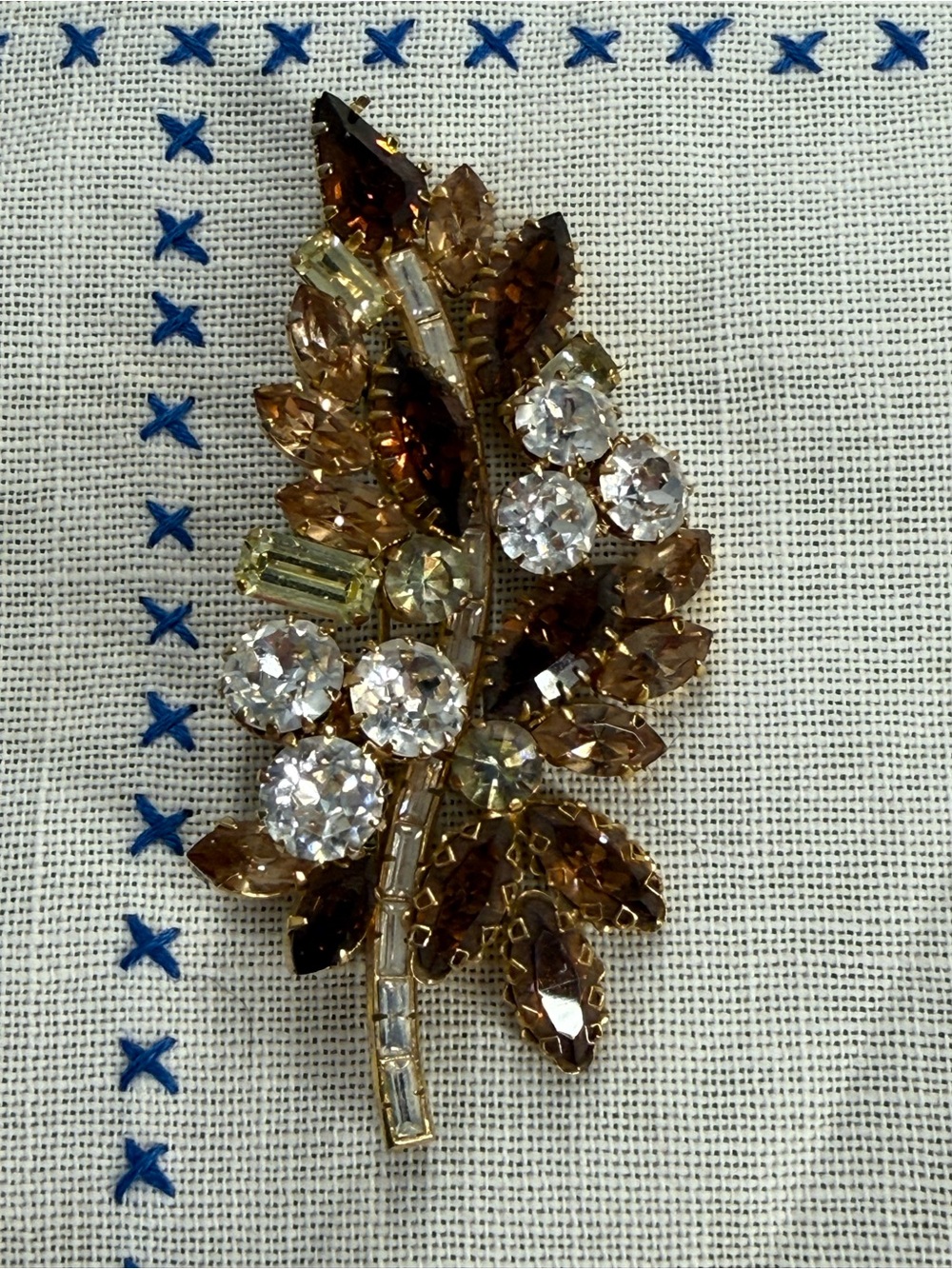 Vintage Austrian Gold-Tone Brown and Clear Crystal Leaf Brooch